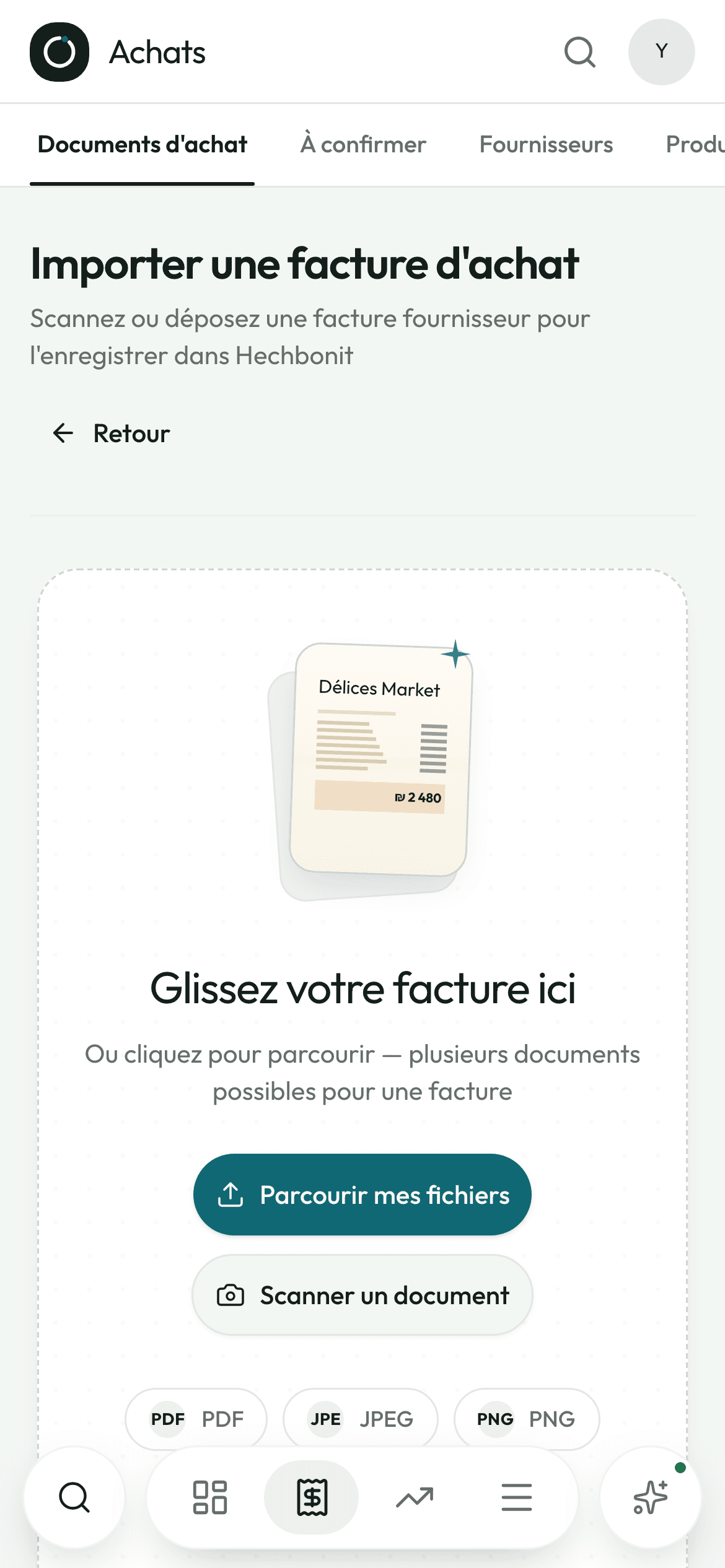 L'écran d'import d'une facture sur téléphone