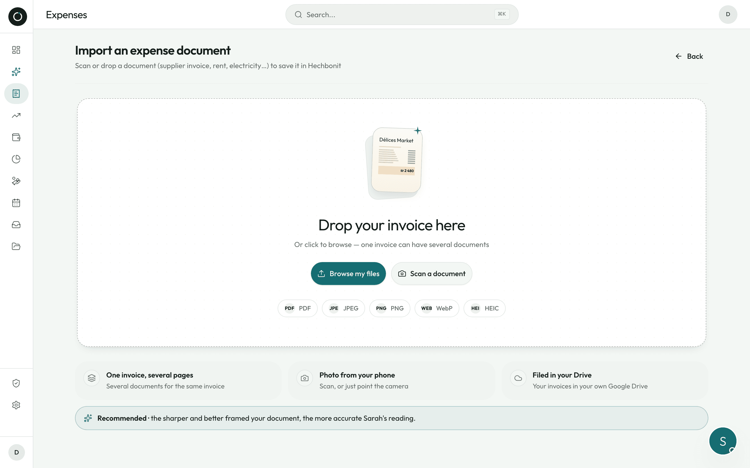 The screen for uploading a document