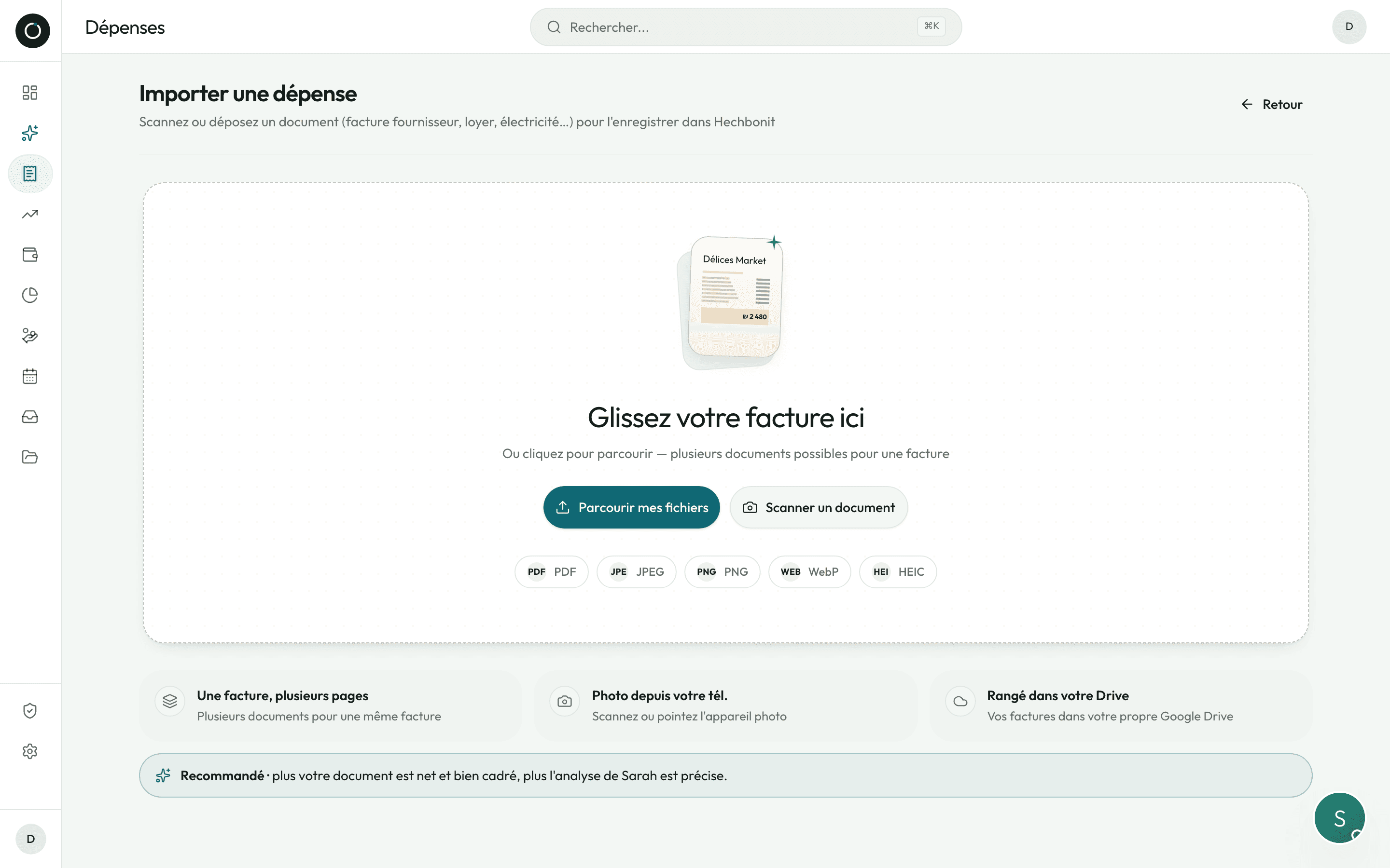L'écran d'import d'un document