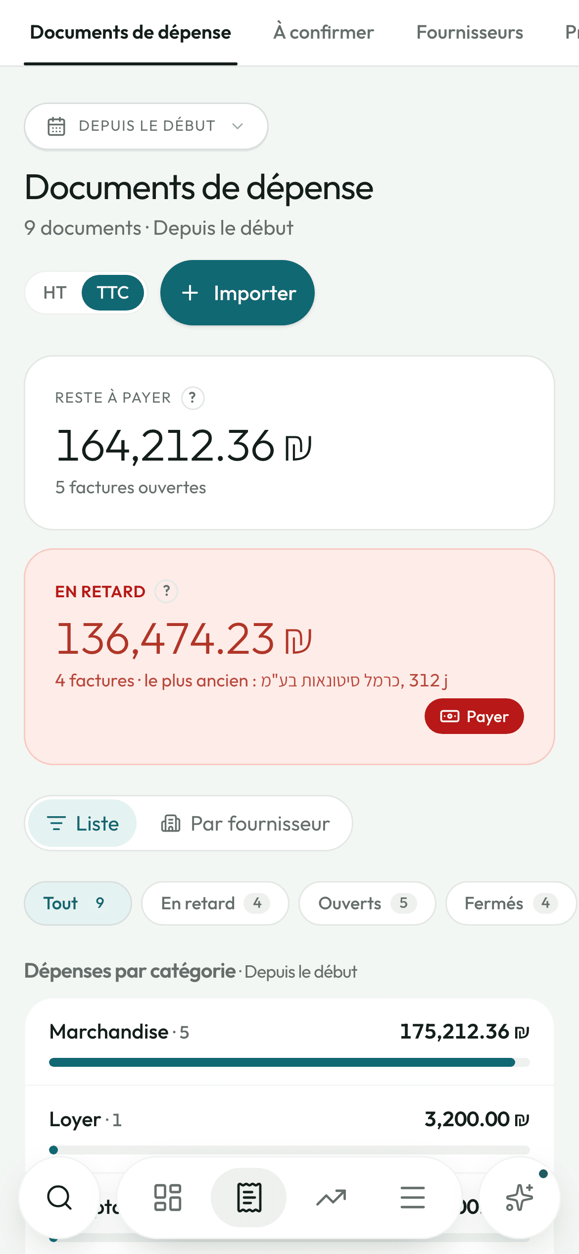 La liste des dépenses et des fournisseurs
