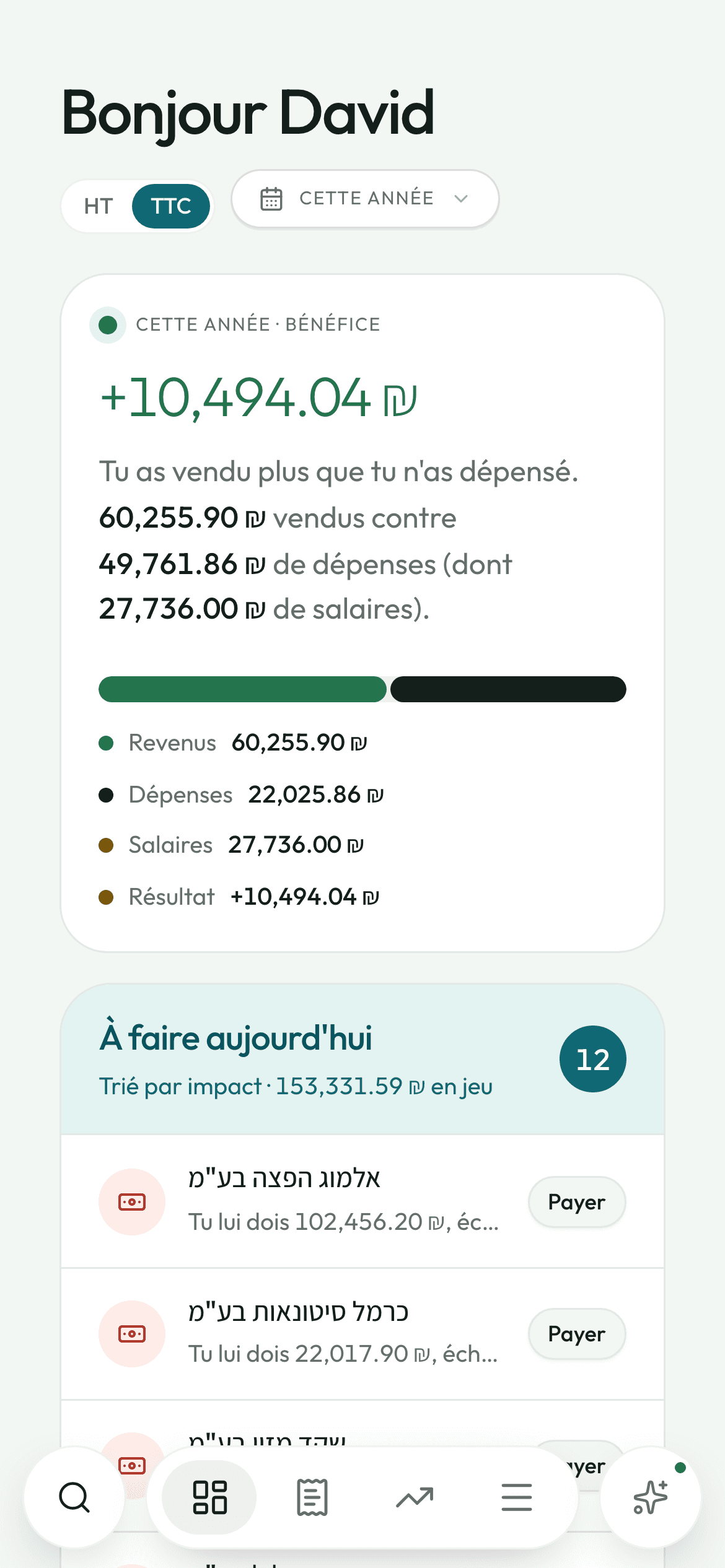 Le tableau de bord Hechbonit sur téléphone